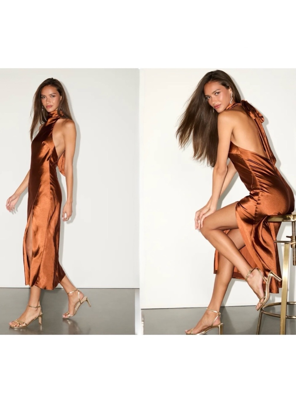 Lulus Exceptional Status Rust Halter Backless Slip Midi Dress S